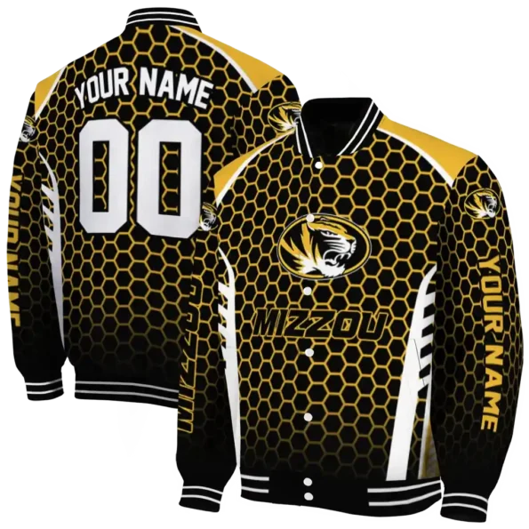 custom missouri tigers hexagon grid black varsity jacket fashion forward.webp