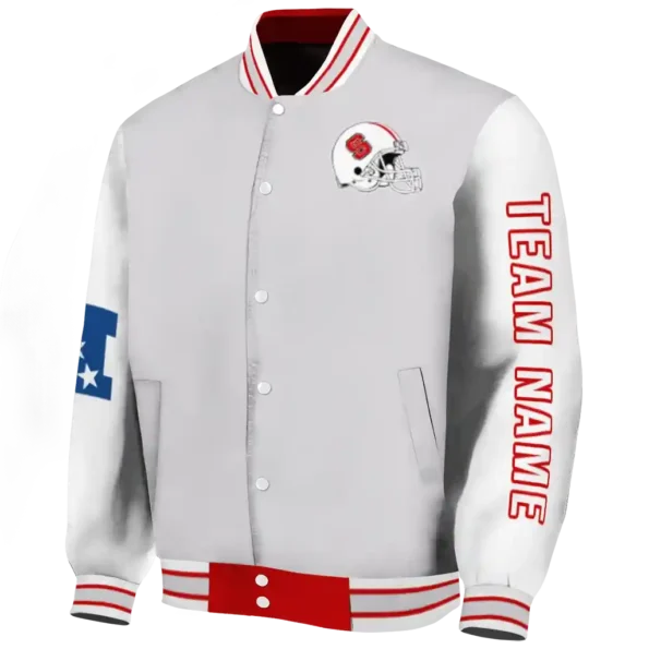 custom nc state wolfpack speckled arms red gray varsity jacket best selling