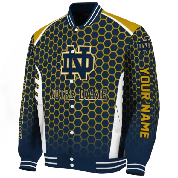 custom notre dame fighting irish hexagon grid navy varsity jacket best selling