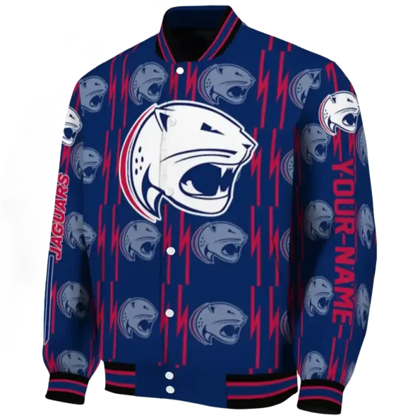 custom south alabama jaguars bolt stripe blue varsity jacket best selling
