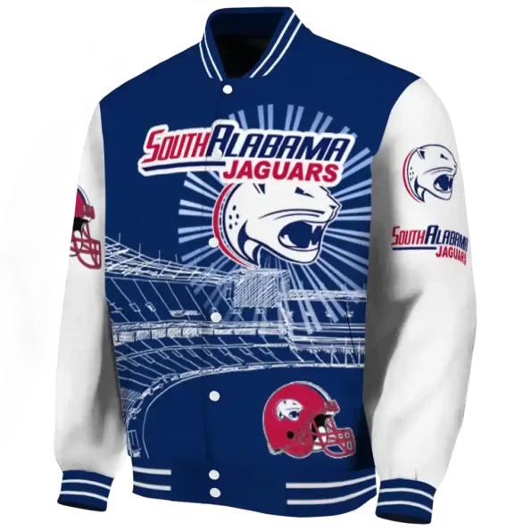 custom south alabama jaguars ferris arena blue white varsity jacket best selling