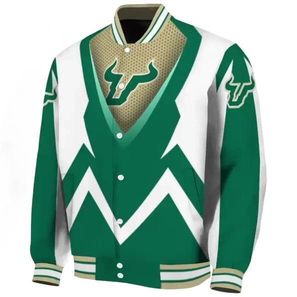 custom south florida bulls v stripes green white varsity jacket best selling