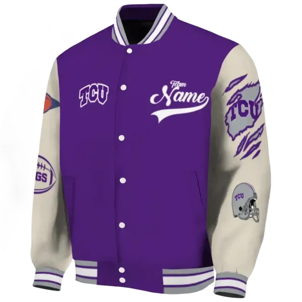 custom tcu horned frogs wildcat pawprint purple nude varsity jacket best selling