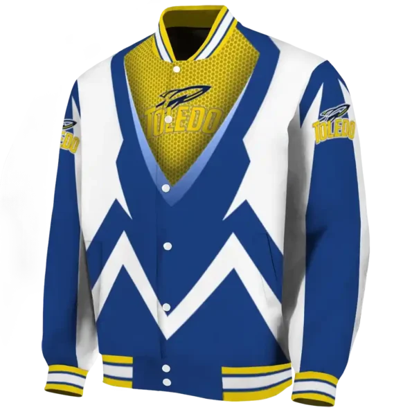custom toledo rockets v stripes blue white varsity jacket best selling