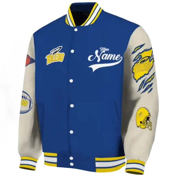 custom toledo rockets wildcat pawprint blue nude varsity jacket best selling