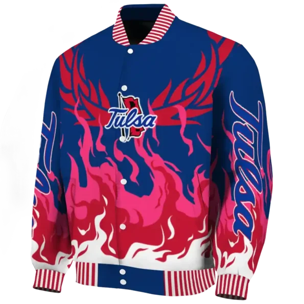 custom tulsa golden hurricane winged blaze blue white varsity jacket best selling