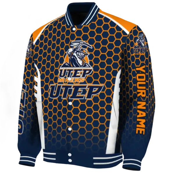 custom utep miners hexagon grid blue varsity jacket best selling