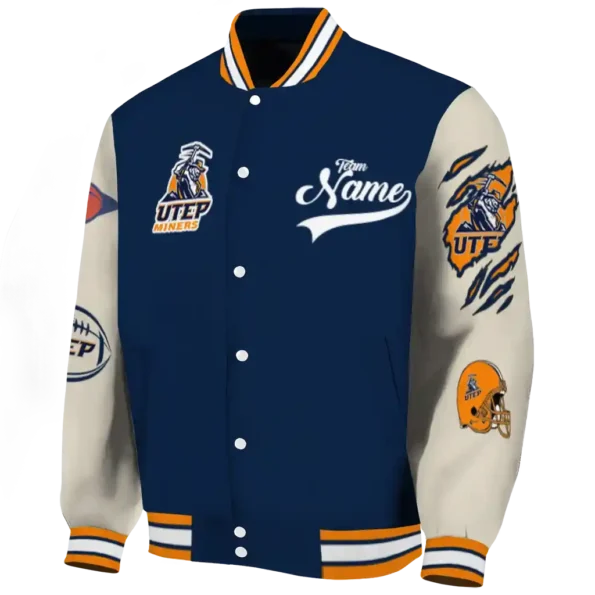custom utep miners wildcat pawprint blue nude varsity jacket best selling