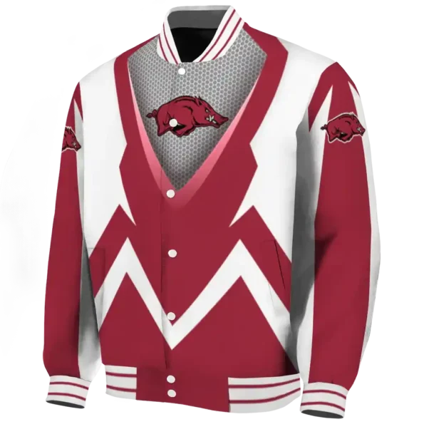 customized arkansas razorbacks v stripes red white varsity jacket best selling