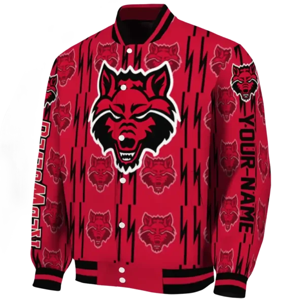customized arkansas state red wolves bolt stripe scarlet varsity jacket best selling