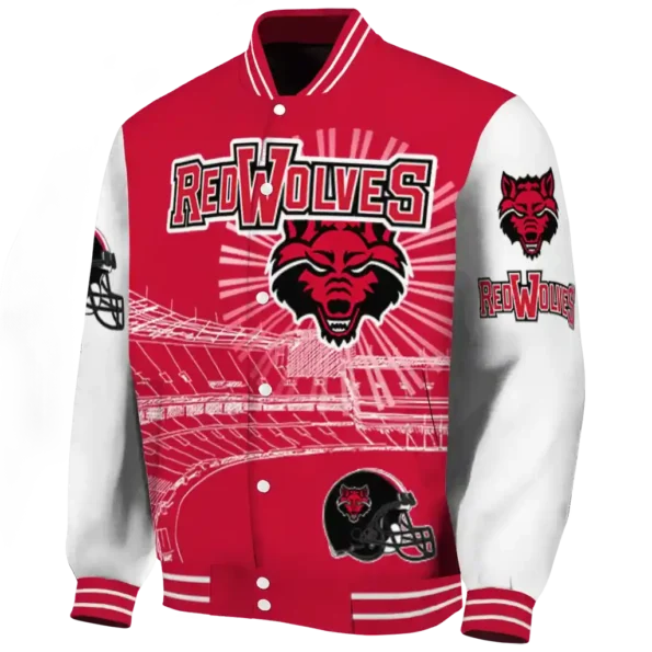 customized arkansas state red wolves ferris arena scarlet white varsity jacket best selling