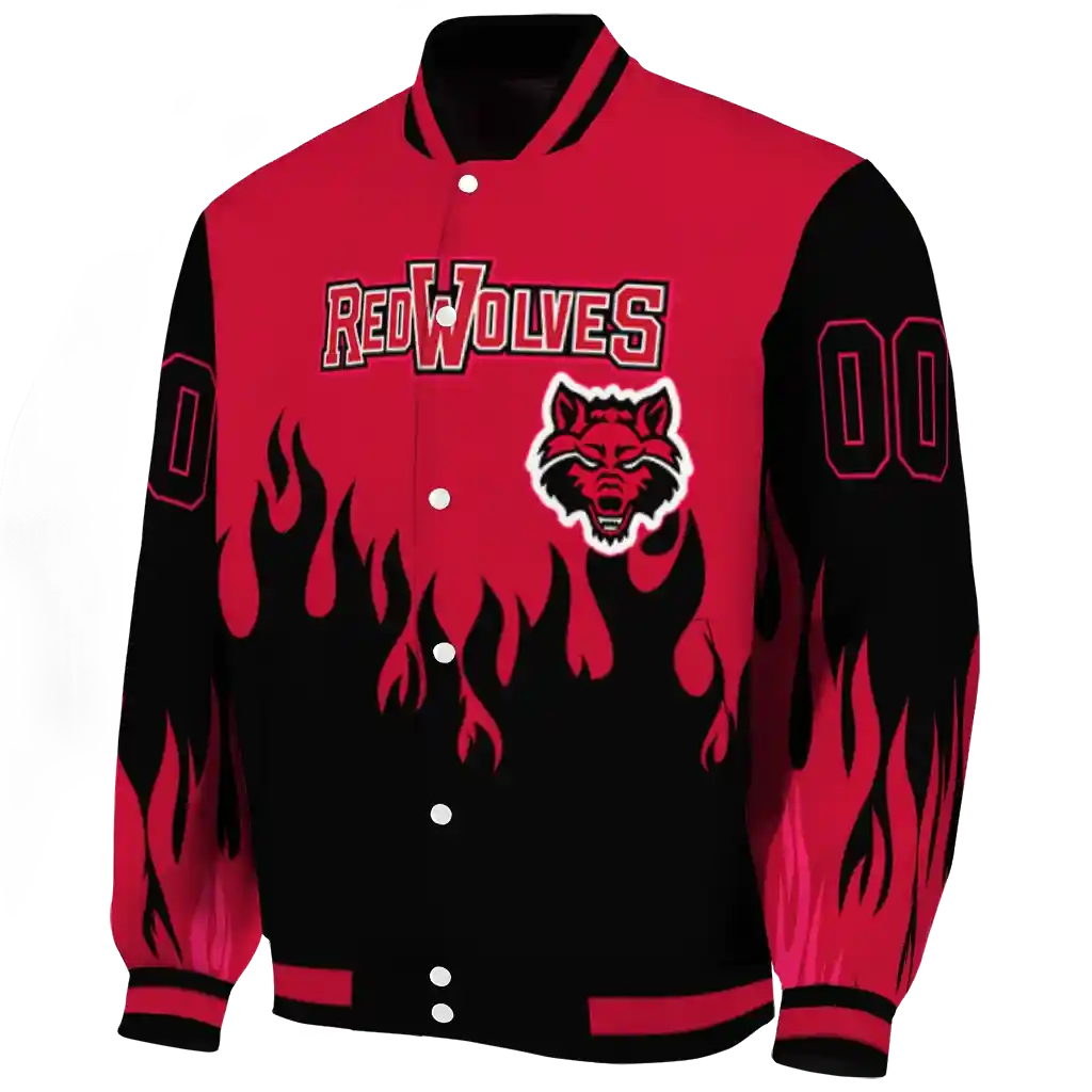 customized arkansas state red wolves flame border scarlet black varsity jacket best selling.webp customized arkansas state red wolves flame border scarlet black varsity jacket best selling.webp