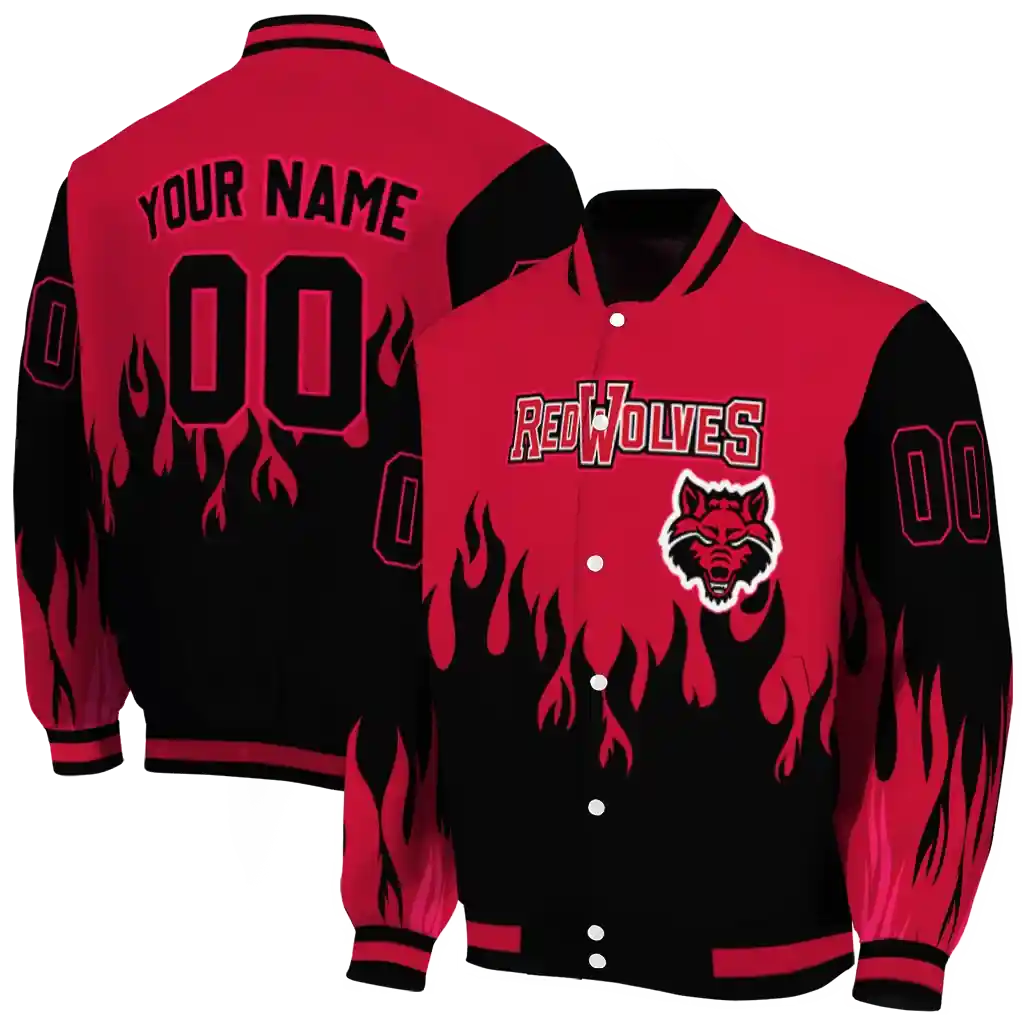 customized arkansas state red wolves flame border scarlet black varsity jacket fashion forward.webp customized arkansas state red wolves flame border scarlet black varsity jacket fashion forward.webp