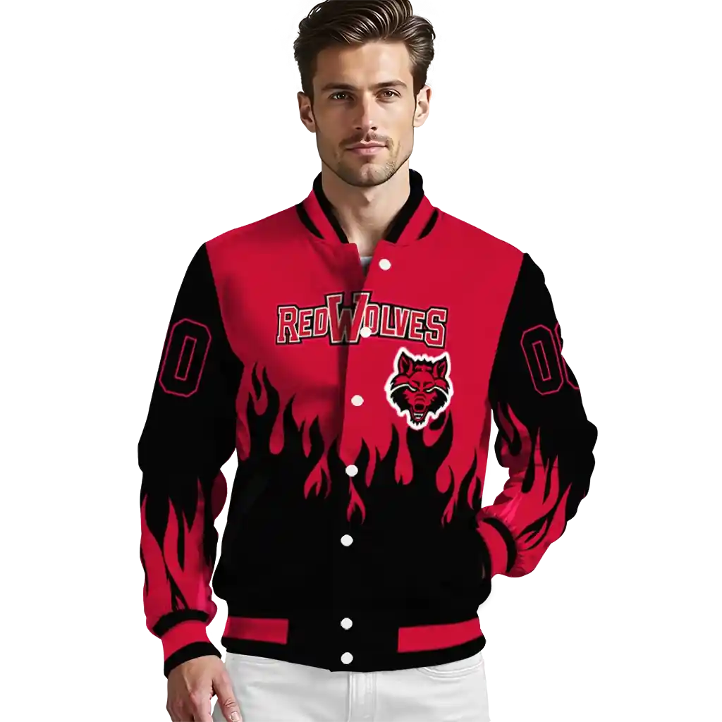 customized arkansas state red wolves flame border scarlet black varsity jacket high quality.webp customized arkansas state red wolves flame border scarlet black varsity jacket high quality.webp