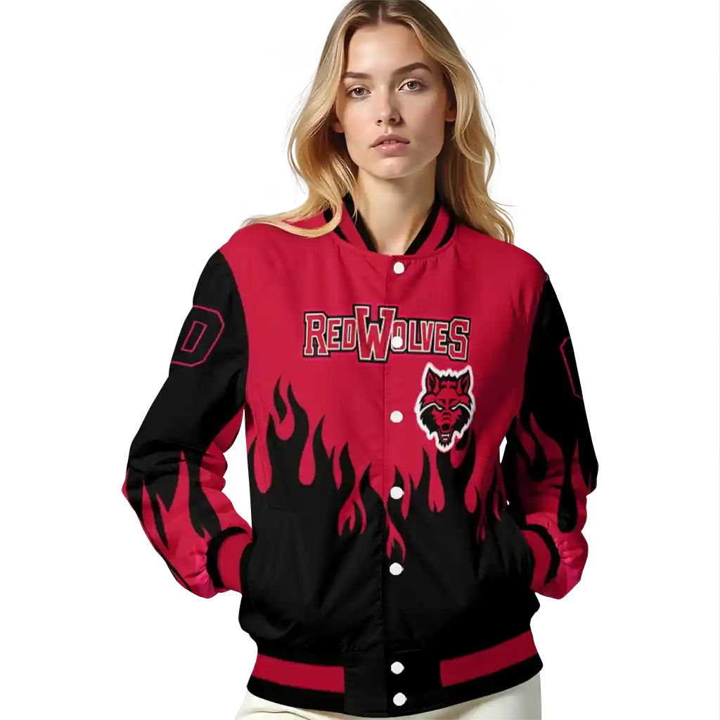 customized arkansas state red wolves flame border scarlet black varsity jacket latest model.webp customized arkansas state red wolves flame border scarlet black varsity jacket latest model.webp