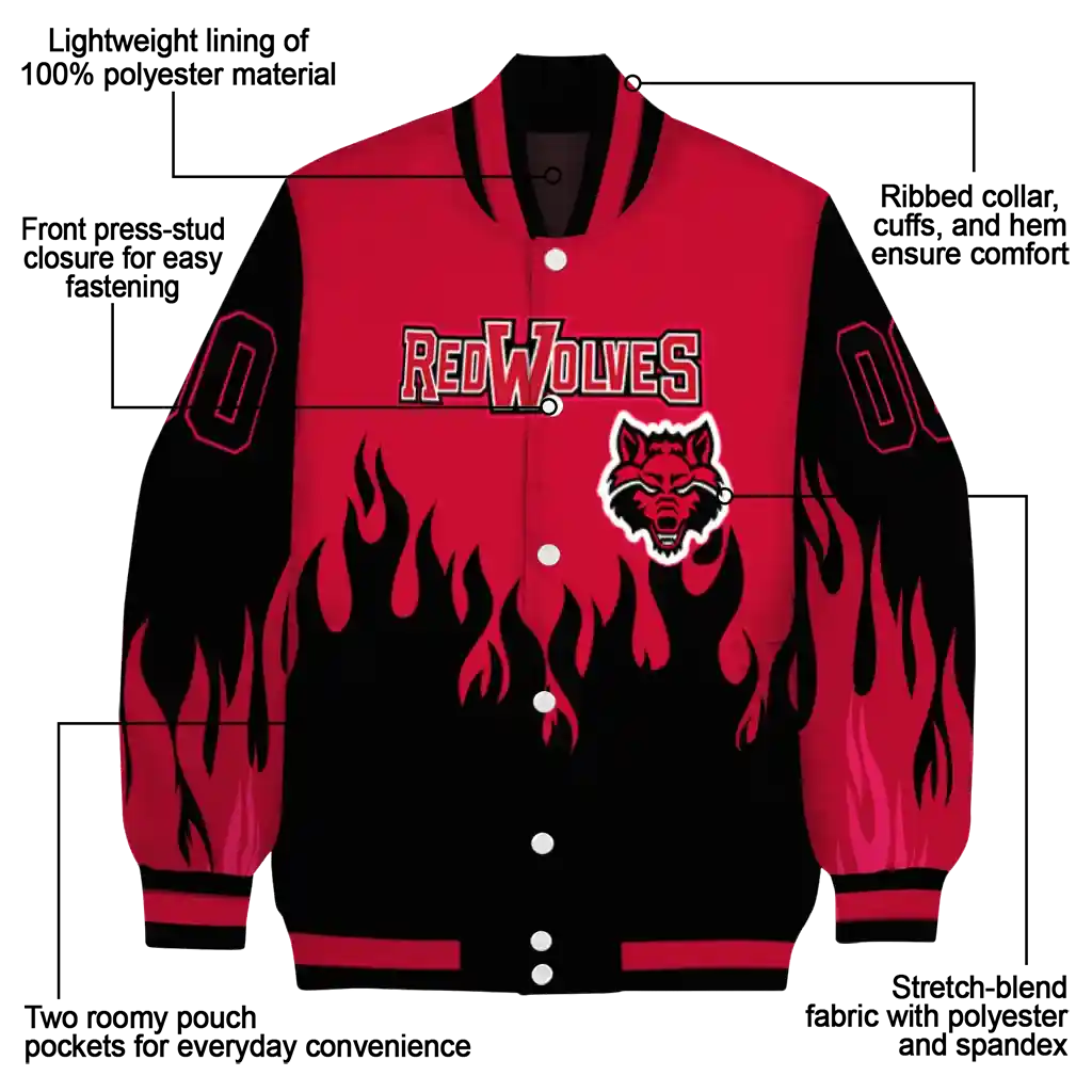 customized arkansas state red wolves flame border scarlet black varsity jacket new arrival.webp customized arkansas state red wolves flame border scarlet black varsity jacket new arrival.webp