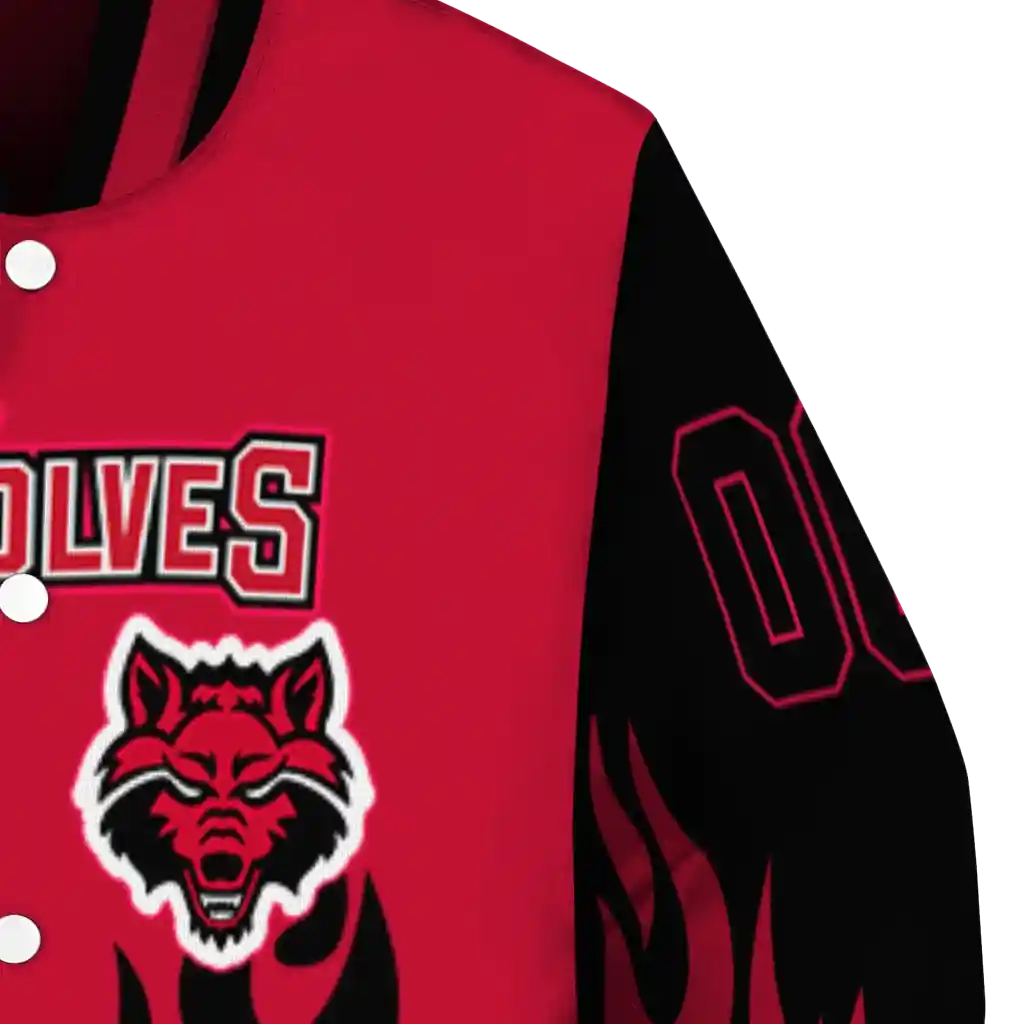 customized arkansas state red wolves flame border scarlet black varsity jacket premium grade.webp customized arkansas state red wolves flame border scarlet black varsity jacket premium grade.webp
