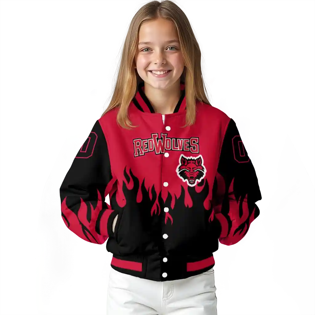 customized arkansas state red wolves flame border scarlet black varsity jacket top rated.webp customized arkansas state red wolves flame border scarlet black varsity jacket top rated.webp