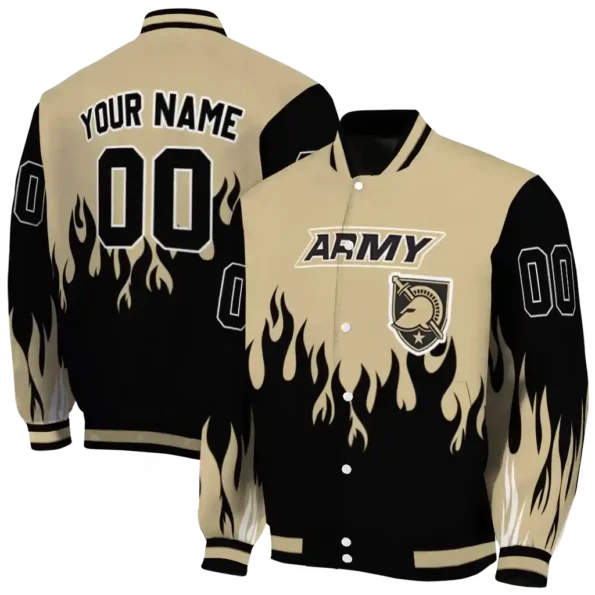 customized army black knights flame border gold black varsity jacket fashion forward.webp