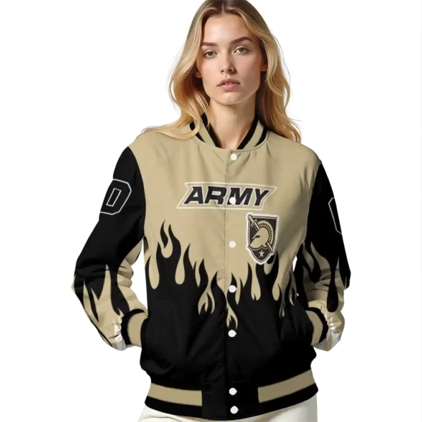 customized army black knights flame border gold black varsity jacket latest model.webp