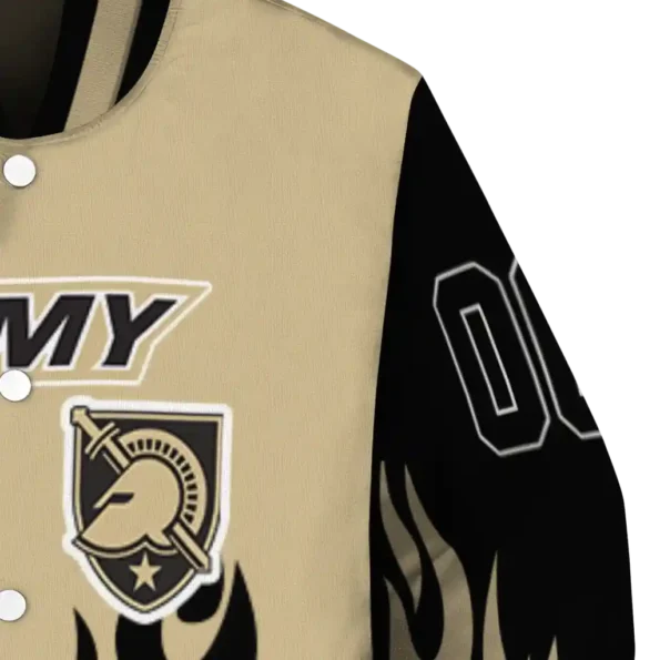 customized army black knights flame border gold black varsity jacket premium grade.webp