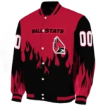customized ball state cardinals flame border red black varsity jacket best selling.webp