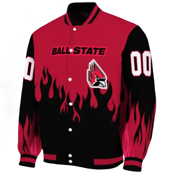 customized ball state cardinals flame border red black varsity jacket best selling.webp