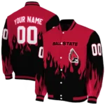 customized ball state cardinals flame border red black varsity jacket best selling.webp