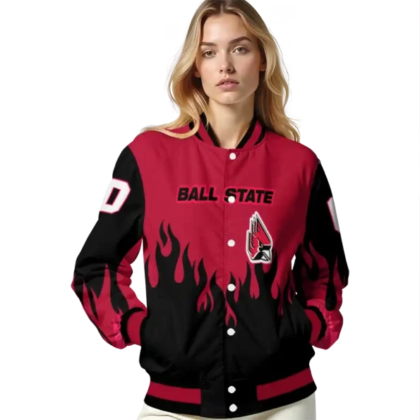 customized ball state cardinals flame border red black varsity jacket latest model.webp
