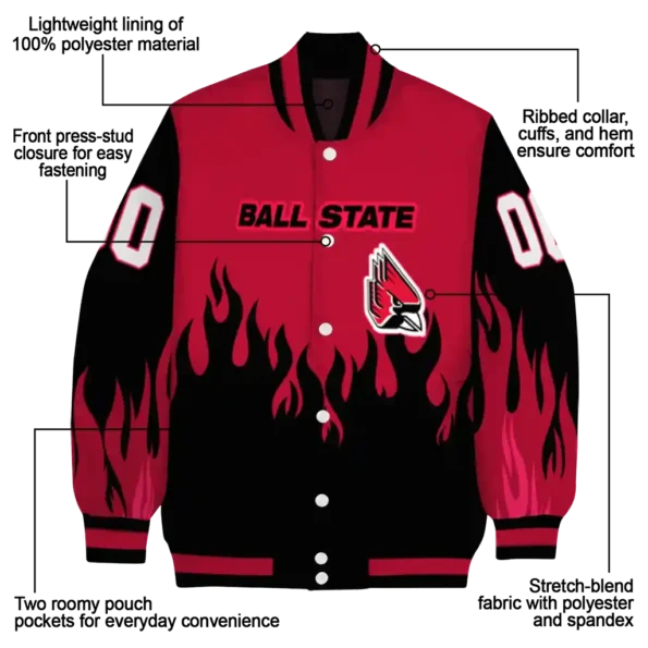 customized ball state cardinals flame border red black varsity jacket new arrival.webp