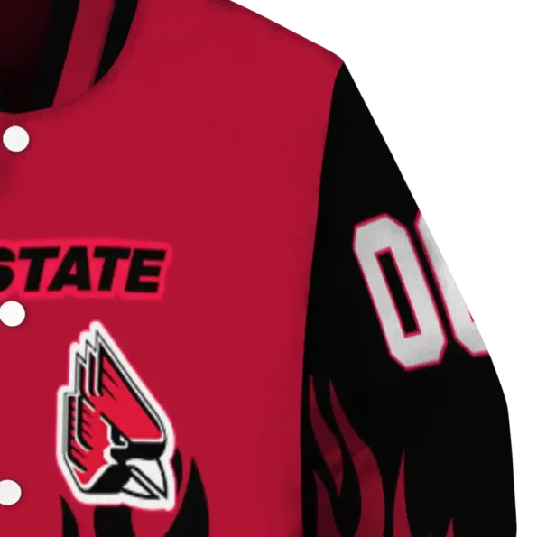 customized ball state cardinals flame border red black varsity jacket premium grade.webp