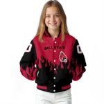 customized ball state cardinals flame border red black varsity jacket best selling.webp