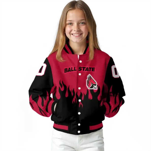 customized ball state cardinals flame border red black varsity jacket top rated.webp