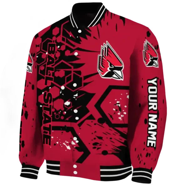 customized ball state cardinals hexagon cluster red black varsity jacket best selling