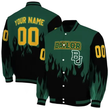 customized baylor bears flame border green black varsity jacket fashion forward.webp