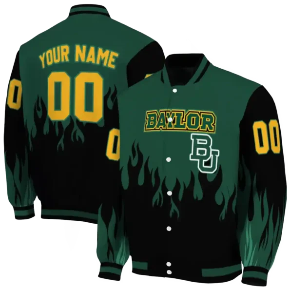 customized baylor bears flame border green black varsity jacket fashion forward.webp