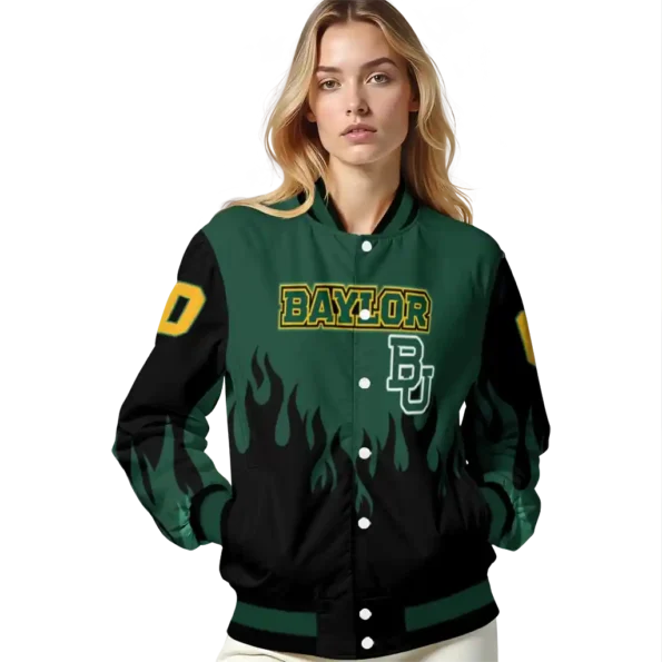 customized baylor bears flame border green black varsity jacket latest model.webp