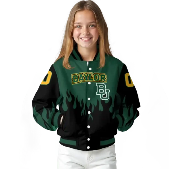 customized baylor bears flame border green black varsity jacket top rated.webp
