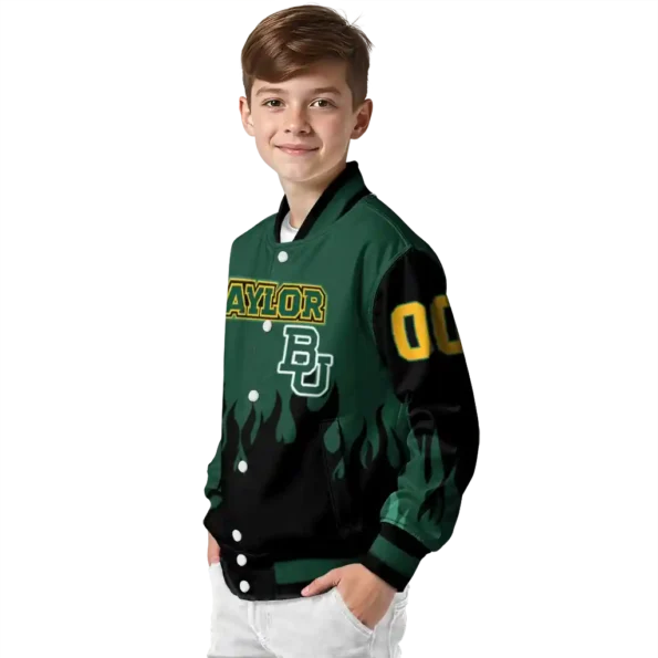 customized baylor bears flame border green black varsity jacket trendy.webp