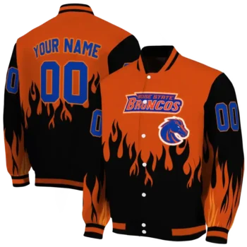 customized boise state broncos flame border orange black varsity jacket fashion forward.webp