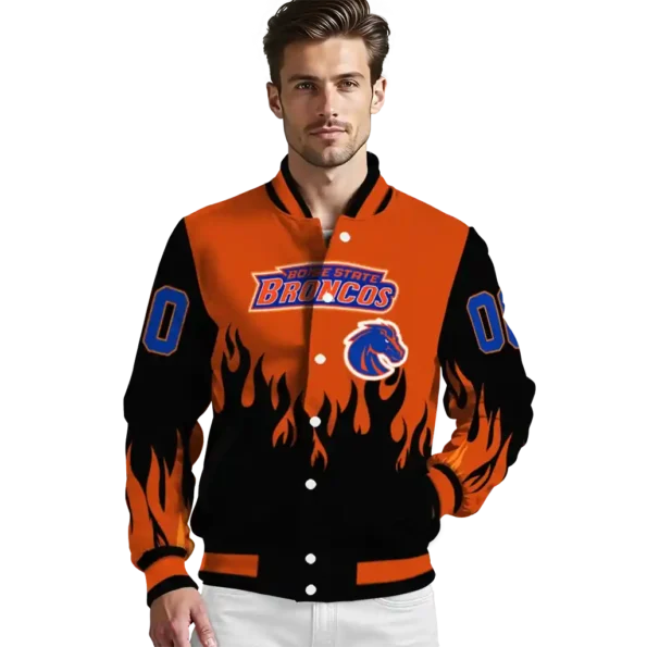 customized boise state broncos flame border orange black varsity jacket high quality.webp