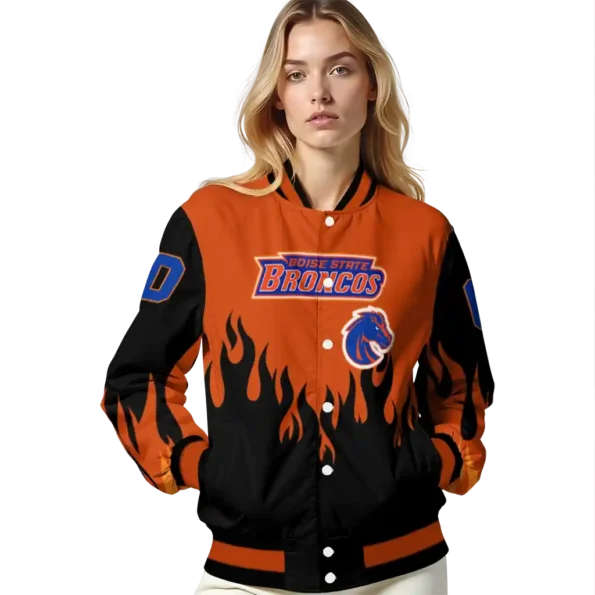 customized boise state broncos flame border orange black varsity jacket latest model.webp