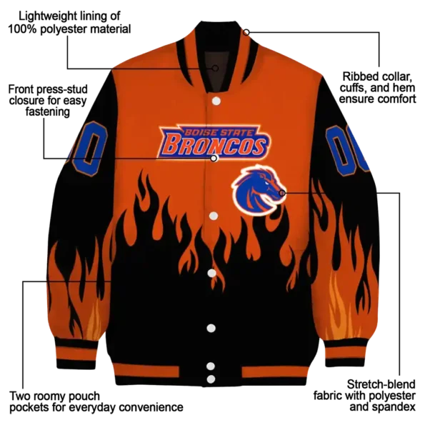 customized boise state broncos flame border orange black varsity jacket new arrival.webp