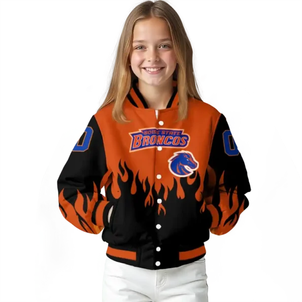 customized boise state broncos flame border orange black varsity jacket top rated.webp