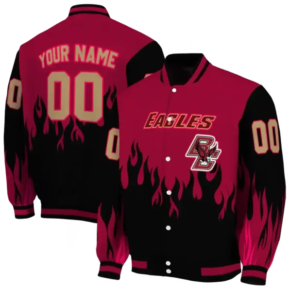 customized boston college eagles flame border maroon black varsity jacket fashion forward.webp