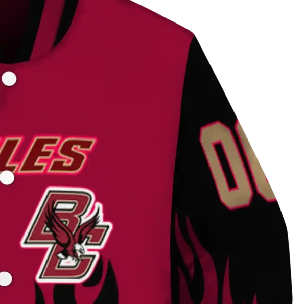 customized boston college eagles flame border maroon black varsity jacket premium grade.webp