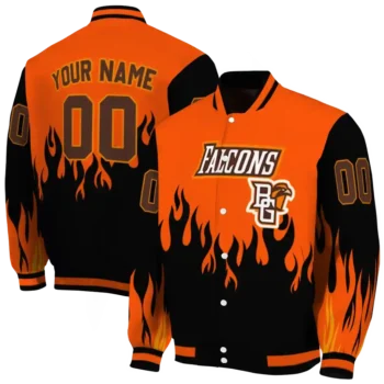 customized bowling green falcons flame border orange black varsity jacket fashion forward.webp