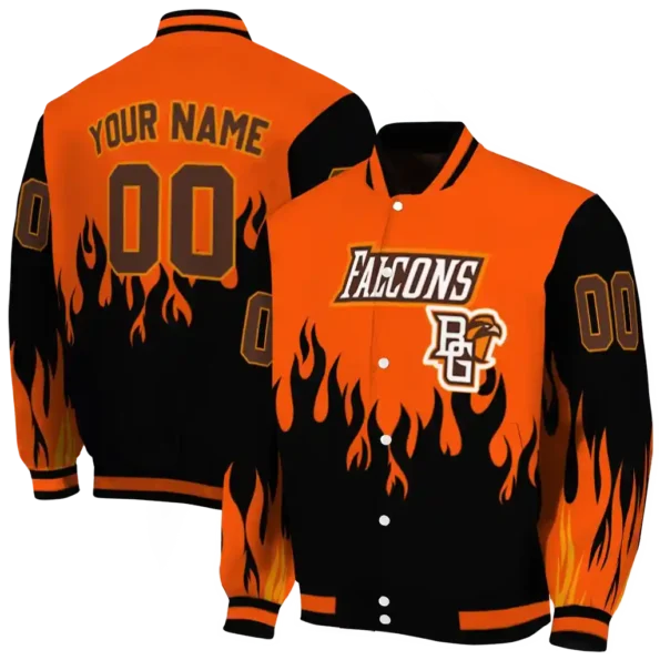 customized bowling green falcons flame border orange black varsity jacket fashion forward.webp