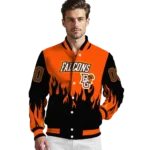 customized bowling green falcons flame border orange black varsity jacket best selling.webp