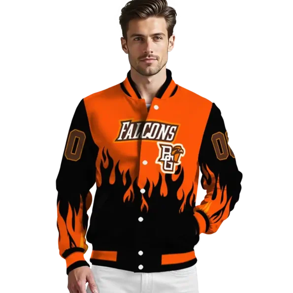 customized bowling green falcons flame border orange black varsity jacket high quality.webp
